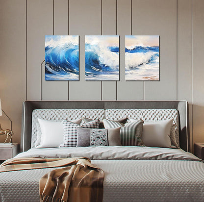 CANEITO Arte de pared de océano para sala de estar, decoración de pared azul para dormitorio, impresión en lienzo de olas de mar, tamaño 12 x 16 pulgadas, 3 piezas 
