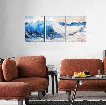 CANEITO Arte de pared de océano para sala de estar, decoración de pared azul para dormitorio, impresión en lienzo de olas de mar, tamaño 12 x 16 pulgadas, 3 piezas 
