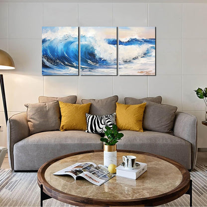 CANEITO Arte de pared de océano para sala de estar, decoración de pared azul para dormitorio, impresión en lienzo de olas de mar, tamaño 12 x 16 pulgadas, 3 piezas 