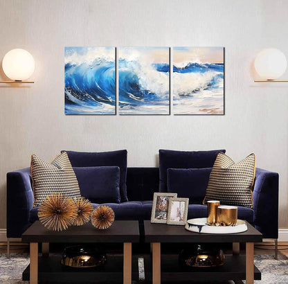 CANEITO Arte de pared de océano para sala de estar, decoración de pared azul para dormitorio, impresión en lienzo de olas de mar, tamaño 12 x 16 pulgadas, 3 piezas 