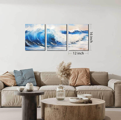 CANEITO Arte de pared de océano para sala de estar, decoración de pared azul para dormitorio, impresión en lienzo de olas de mar, tamaño 12 x 16 pulgadas, 3 piezas 