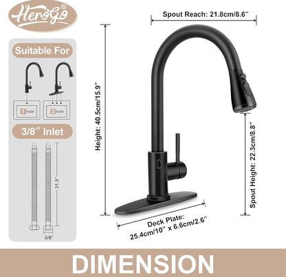 Herogo - Grifo de fregadero de cocina sin contacto con rociador extraíble, grifo con sensor de movimiento de acero inoxidable negro mate 