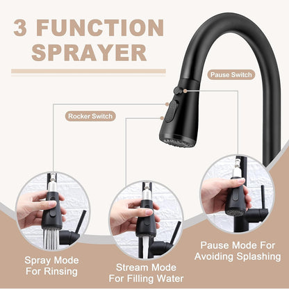 Herogo - Grifo de fregadero de cocina sin contacto con rociador extraíble, grifo con sensor de movimiento de acero inoxidable negro mate 