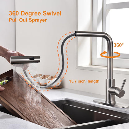 KEER Grifo de cocina en cascada con ducha extraíble, mango único y giratorio de acero inoxidable de 360°, 