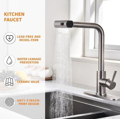 KEER Grifo de cocina en cascada con ducha extraíble, mango único y giratorio de acero inoxidable de 360°, 