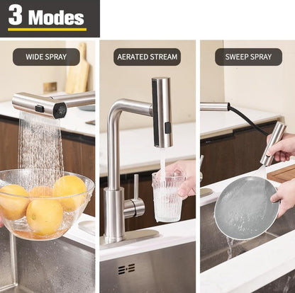 Grifo de fregadero de cocina en cascada con rociador extraíble, 3 modos (barrido/corriente/cascada) 