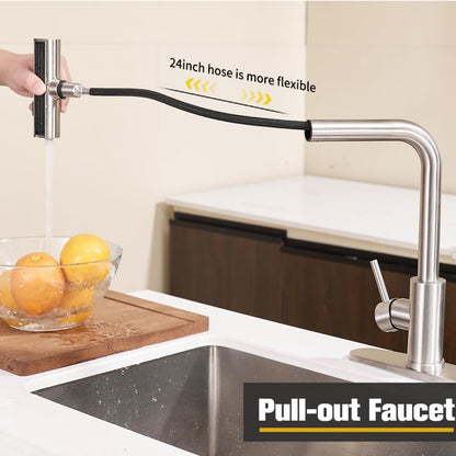 Grifo de fregadero de cocina en cascada con rociador extraíble, 3 modos (barrido/corriente/cascada) 