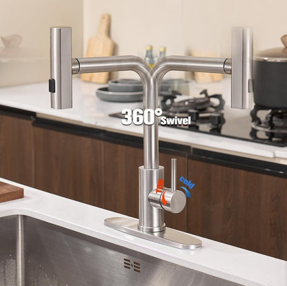 Grifo de fregadero de cocina en cascada con rociador extraíble, 3 modos (barrido/corriente/cascada) 