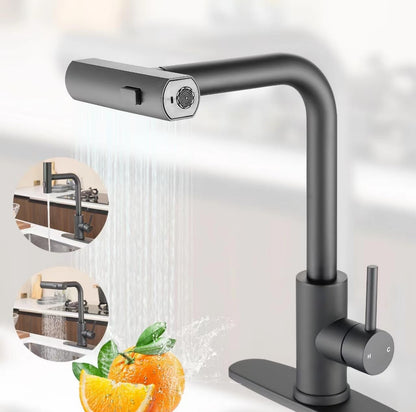 Grifo de fregadero de cocina en cascada con rociador extraíble, 3 modos (barrido/corriente/cascada) 
