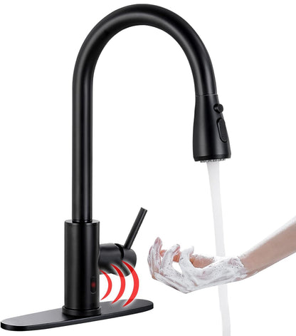 Grifo de cocina sin contacto con rociador extraíble, negro de arco alto de una sola manija, grifo de fregadero de cocina 