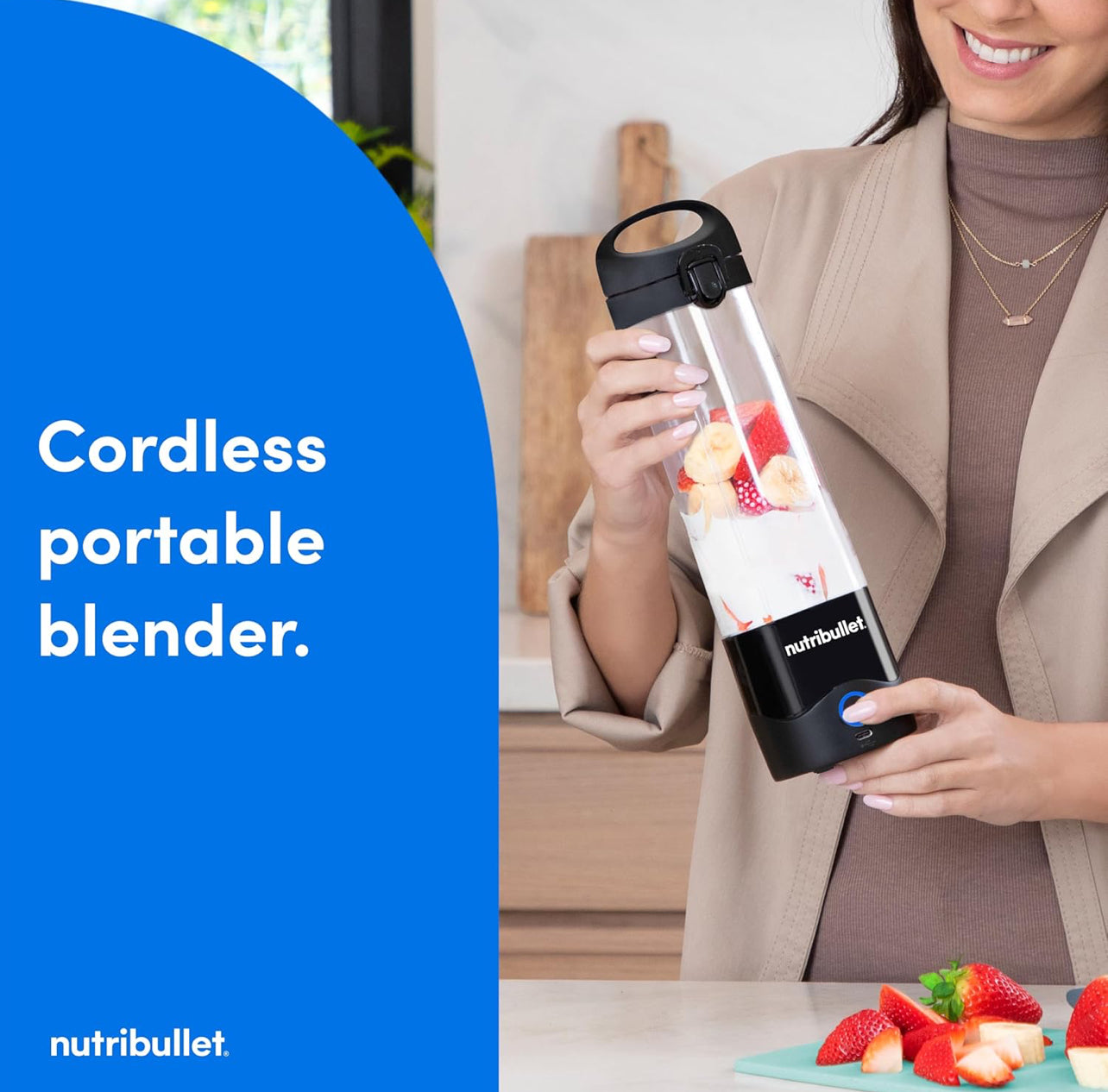 nutribullet Licuadora portátil, inalámbrico, recipiente de 20 onzas, licuadora personal, USB-C recargable, blanco, NBPB50100W