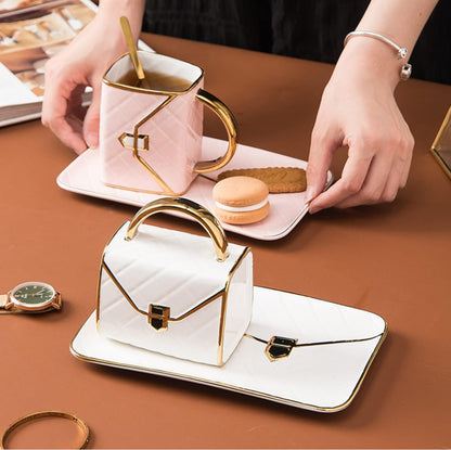Juego de tazas de café de cerámica con forma de bolsa y platillo con cuchara y platillo para mujeres,