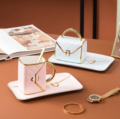 Juego de tazas de café de cerámica con forma de bolsa y platillo con cuchara y platillo para mujeres,