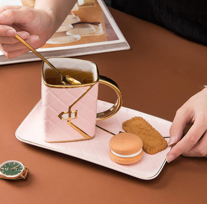 Juego de tazas de café de cerámica con forma de bolsa y platillo con cuchara y platillo para mujeres,