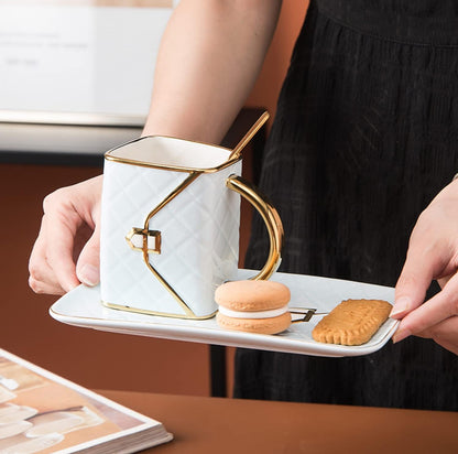 Juego de tazas de café de cerámica con forma de bolsa y platillo con cuchara y platillo para mujeres,