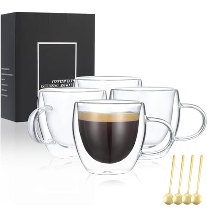 Juego de 4 tazas de expreso, doble pared de 5 onzas sopladas a mano, tazas de café expreso en caja de regalo, perfectas para expreso, café con leche, capuchinos, bolsa de té 