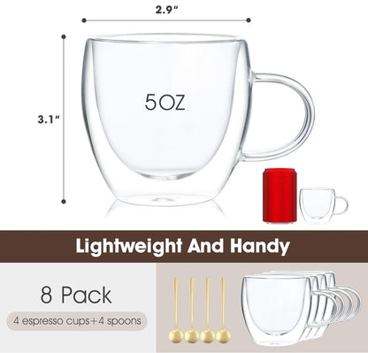 Juego de 4 tazas de expreso, doble pared de 5 onzas sopladas a mano, tazas de café expreso en caja de regalo, perfectas para expreso, café con leche, capuchinos, bolsa de té 