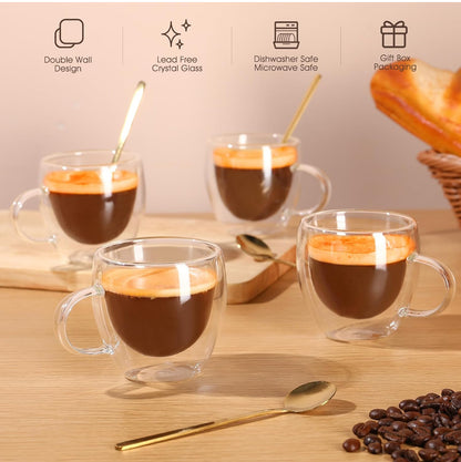 Juego de 4 tazas de expreso, doble pared de 5 onzas sopladas a mano, tazas de café expreso en caja de regalo, perfectas para expreso, café con leche, capuchinos, bolsa de té 