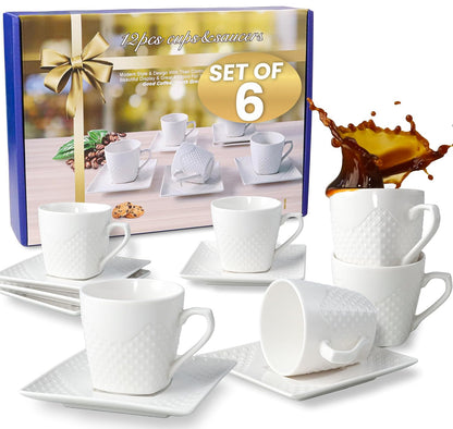 Tazas de café italiano con platillo – Juego de 6 tazas de café de cerámica de 3.5 onzas