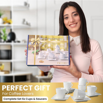 Tazas de café italiano con platillo – Juego de 6 tazas de café de cerámica de 3.5 onzas