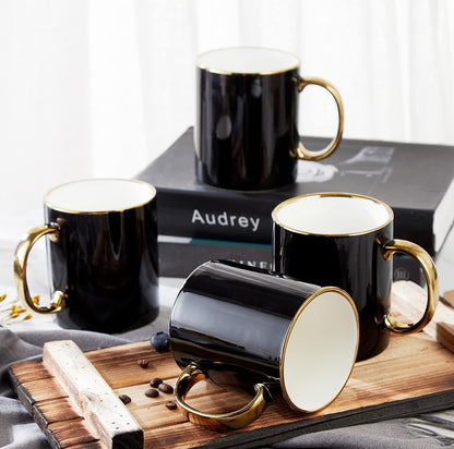 DUJUST Juego de 4 tazas de café negras (16 onzas), diseño moderno y elegante con adornos dorados hechos a mano