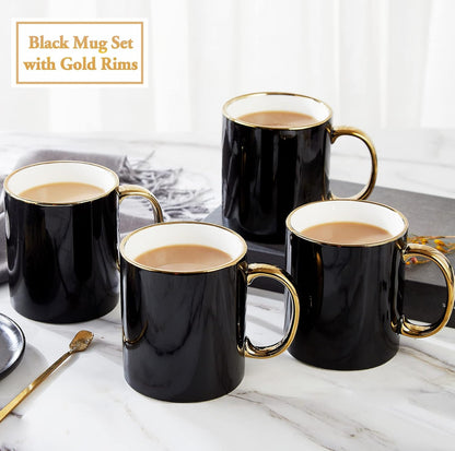 DUJUST Juego de 4 tazas de café negras (16 onzas), diseño moderno y elegante con adornos dorados hechos a mano