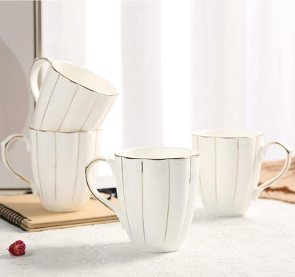 DUJUST Juego de 4 tazas de café (13.5 onzas), diseño británico de lujo con adornos dorados hechos a mano, juego de tazas de porcelana blanca y dorada