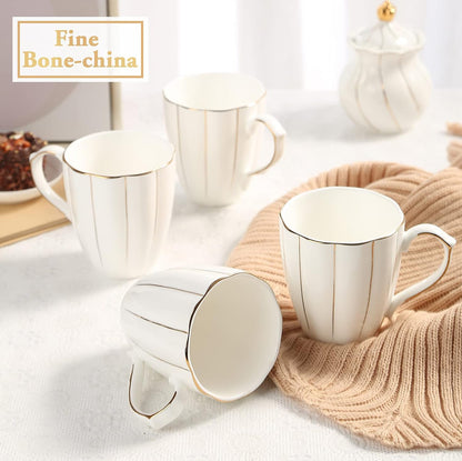 DUJUST Juego de 4 tazas de café (13.5 onzas), diseño británico de lujo con adornos dorados hechos a mano, juego de tazas de porcelana blanca y dorada