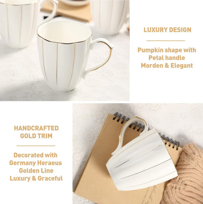 DUJUST Juego de 4 tazas de café (13.5 onzas), diseño británico de lujo con adornos dorados hechos a mano, juego de tazas de porcelana blanca y dorada