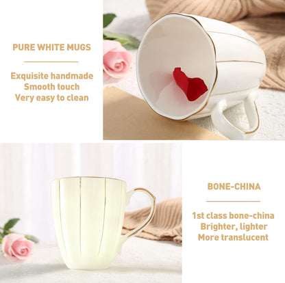 DUJUST Juego de 4 tazas de café (13.5 onzas), diseño británico de lujo con adornos dorados hechos a mano, juego de tazas de porcelana blanca y dorada