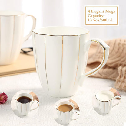 DUJUST Juego de 4 tazas de café (13.5 onzas), diseño británico de lujo con adornos dorados hechos a mano, juego de tazas de porcelana blanca y dorada