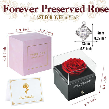 BLOSSBLISS - Rosa roja preservada con collar, juego de regalo de flores 