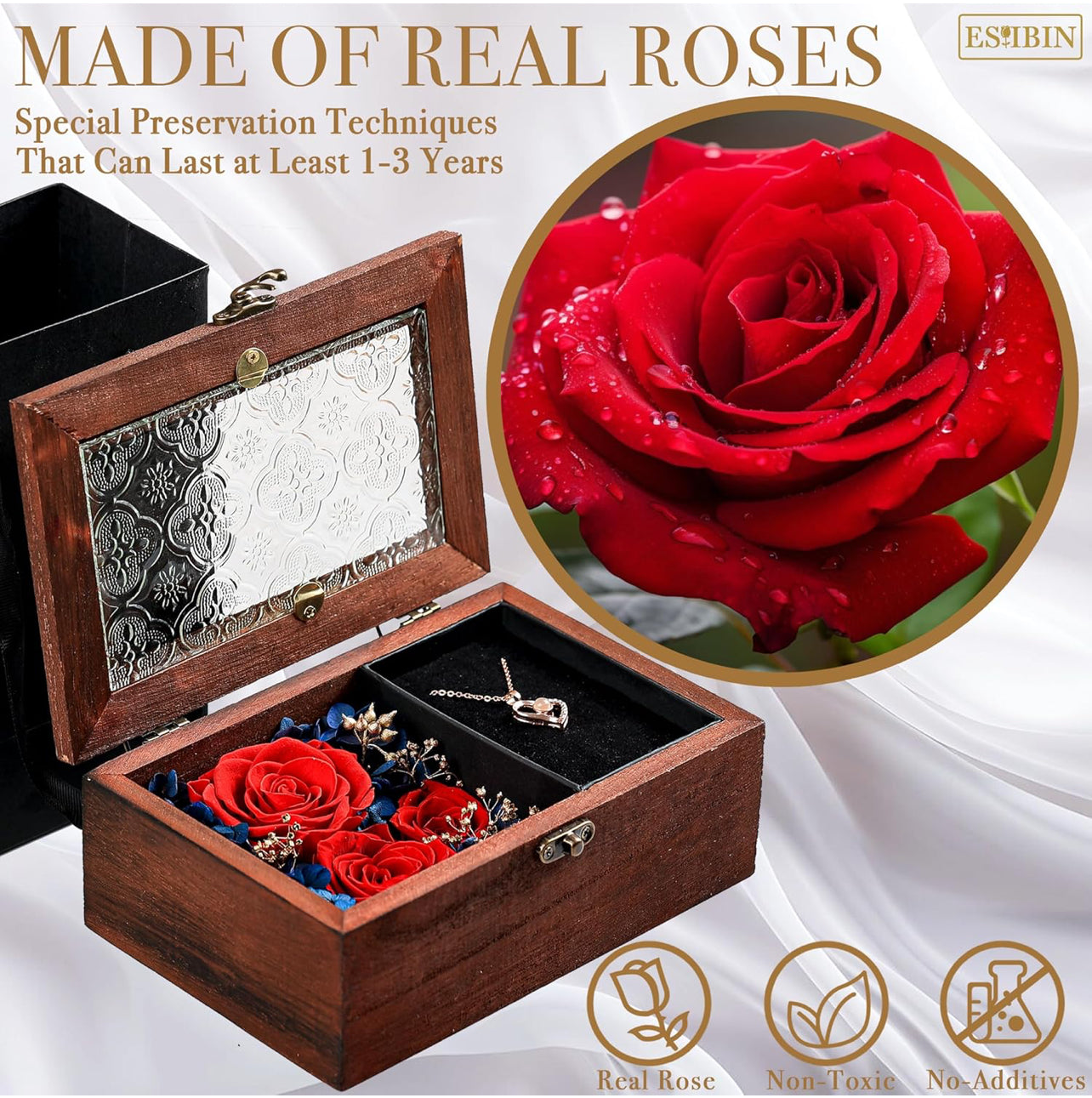 Caja de madera de regalo de rosa real roja preservada con collar de corazón