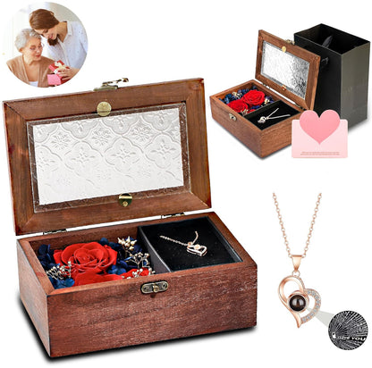 Caja de madera de regalo de rosa real roja preservada con collar de corazón