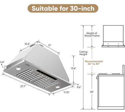 Campana extractora de 30 pulgadas, 980 CFM, campana de ventilación de cocina integrada 