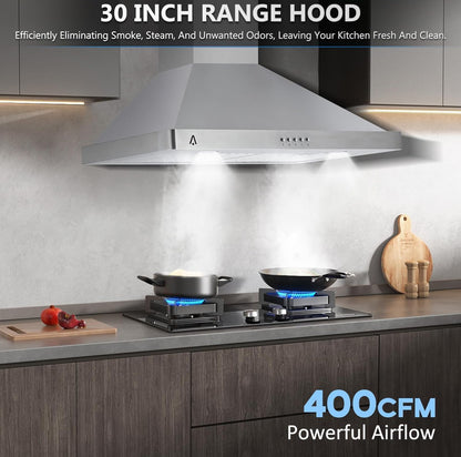 Campana extractora de 30 pulgadas, rejillas de ventilación para campana de cocina de acero inoxidable, 400 CFM 