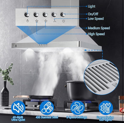 Campana extractora de 30 pulgadas, rejillas de ventilación para campana de cocina de acero inoxidable, 400 CFM 
