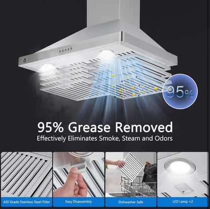 Campana extractora de 30 pulgadas, rejillas de ventilación para campana de cocina de acero inoxidable, 400 CFM 