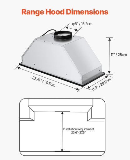 VEVOR Inserto de campana extractora, campana de ventilación de cocina integrada de 30 pulgadas, campana de estufa de acero de 800 CFM 