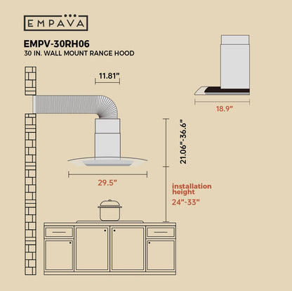 Empava Campana extractora para montaje en pared de 30 pulgadas con conductos/sin conductos 