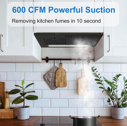Extractor de cocina integrado de 30 pulgadas, 600 CFM, acero inoxidable negro mate 