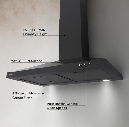 Hermitlux Campana extractora de 30 pulgadas, campana de ventilación de montaje en pared para cocina con filtro de carbón 
