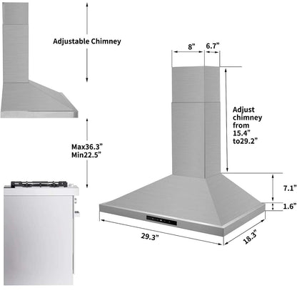 Campana extractora de 30 pulgadas, campanas de ventilación de acero inoxidable de 30 pulgadas, 450 CFM 