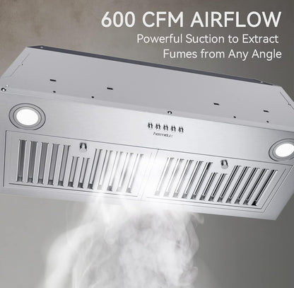 Hermitlux Campana extractora integrada de 30 pulgadas, campana de ventilación de 3 velocidades de 600 CFM 
