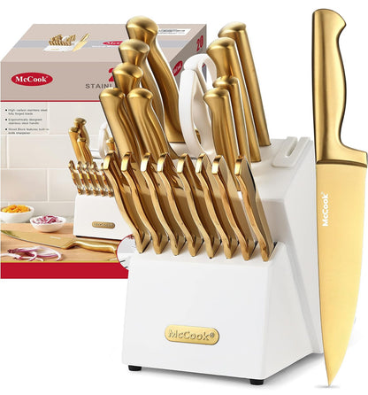 McCook® Juego de cuchillos de cocina, juego de cuchillos de acero inoxidable de titanio dorado 