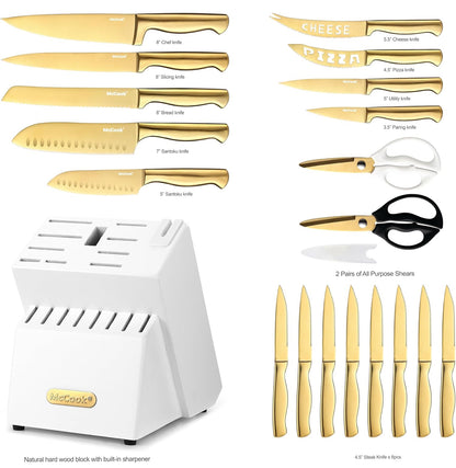 McCook® Juego de cuchillos de cocina, juego de cuchillos de acero inoxidable de titanio dorado 