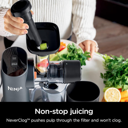Ninja JC151 NeverClog - Extractor de prensado en frío de jugos, potente exprimidor lento eléctrico con control total de pulpa