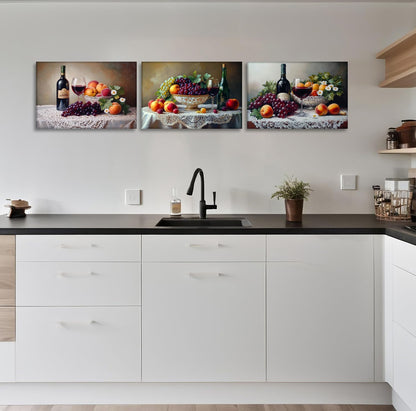 Arte de pared de vino de 3 piezas, decoración de pared de cocina, imagen vintage, vino tinto con pintura de frutas, impresiones en lienzo