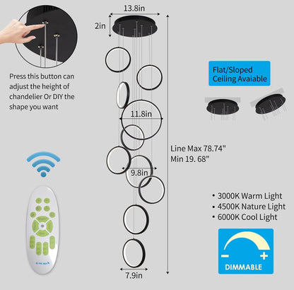 Lámpara de araña LED moderna, regulable con control remoto, 10 anillos, luz colgante 