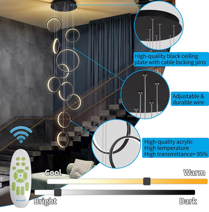 Lámpara de araña LED moderna, regulable con control remoto, 10 anillos, luz colgante 